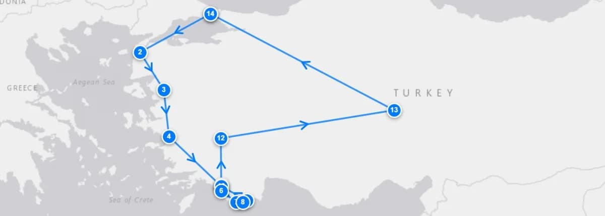 All Around Turkey Tour With Gulet Cruise route map